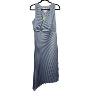 Sam Edelman Hammered Satin V Neck Plisse‎ Midi Dress Glacier Size 10 NEW